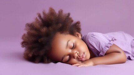 Obraz na płótnie Canvas Cute afrikan's baby girl lying on floor sleeping with closed eyes in light purple color background generative ai