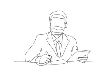 One single line drawing a male office worker wearing mask at work. Medical health care service excellence concept continuous line draw design vector illustration
