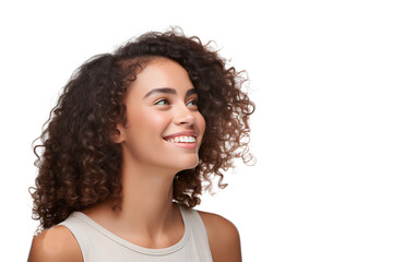 Portrait of a beautiful woman with a happy smile and looking to the left sideways, isolated on a transparent background