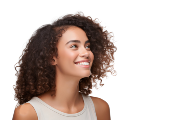 Portrait of a beautiful woman with a happy smile and looking to the left sideways, isolated on a transparent background