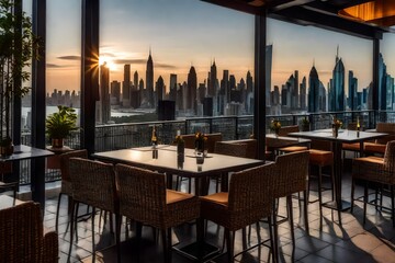 : Terrace Roof Dining with Tables and Chairs Framed by City Skylines