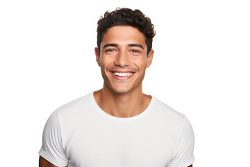 Close-up portrait of a handsome man with happy smile on his face, model posing in studio isolated on white background