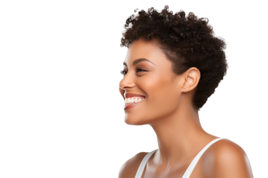 Beautiful woman with a happy smile and looking to the right sideways, isolated on a transparent background