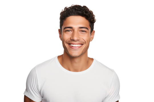 Close-up portrait of a handsome man with happy smile on his face, model posing in studio isolated on white background
