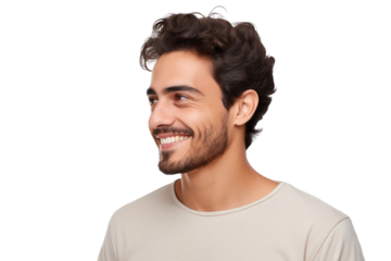 Close-up portrait of a handsome man with a happy smile, looking to the right sideways, isolated on white background