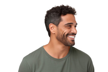 Portrait of a handsome Latino man with a happy smile, looking to the left sideways, isolated on transparent background