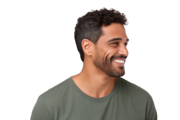 Portrait of a handsome Latino man with a happy smile, looking to the left sideways, isolated on transparent background
