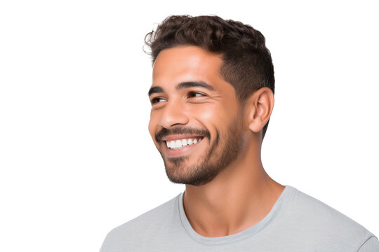 Portrait of a handsome Latino man with a happy smile, looking to the right sideways, isolated on transparent background