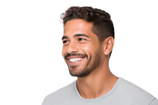 Portrait of a handsome Latino man with a happy smile, looking to the right sideways, isolated on transparent background