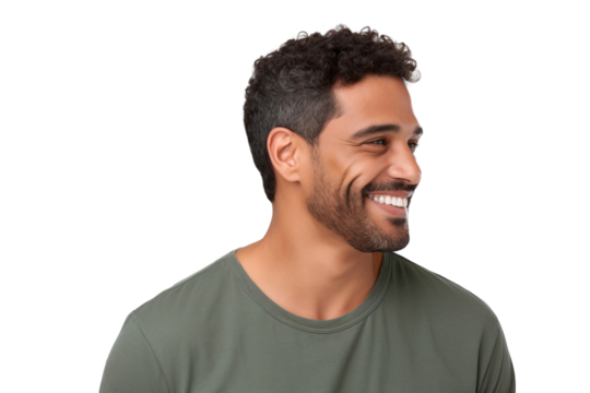 Portrait of a handsome Latino man with a happy smile, looking to the left sideways, isolated on transparent background