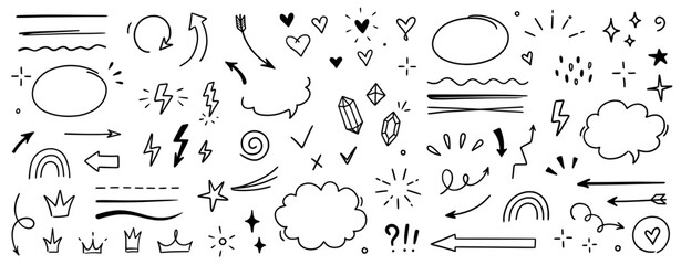 Sketch line arrow element, star, heart shape. Hand drawn doodle sketch style circle, cloud speech bubble grunge element set. Arrow, star, heart brush decoration. Vector illustration. - obrazy, fototapety, plakaty
