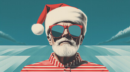 Bearded man wearing Santa hat and sunglasses - pop art style - lose-up - quirky and eccentric yet charming - blue skies  - obrazy, fototapety, plakaty
