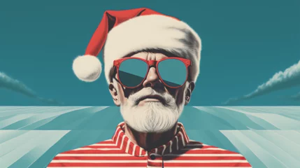 Fotobehang Bearded man wearing Santa hat and sunglasses - pop art style - lose-up - quirky and eccentric yet charming - blue skies  © Jeff