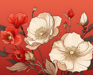 flowers in a bold, graphic style, with a vibrant red background. It features large, detailed flowers in shades of red and cream with dark leaves and stems