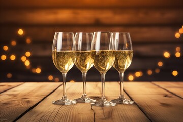 A bright celebration. Champagne glasses filled with bubbles are on the table