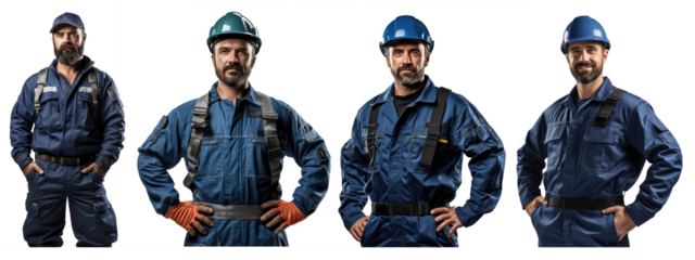 worker in a full blue worksuit. he is wearing a white safety helmet