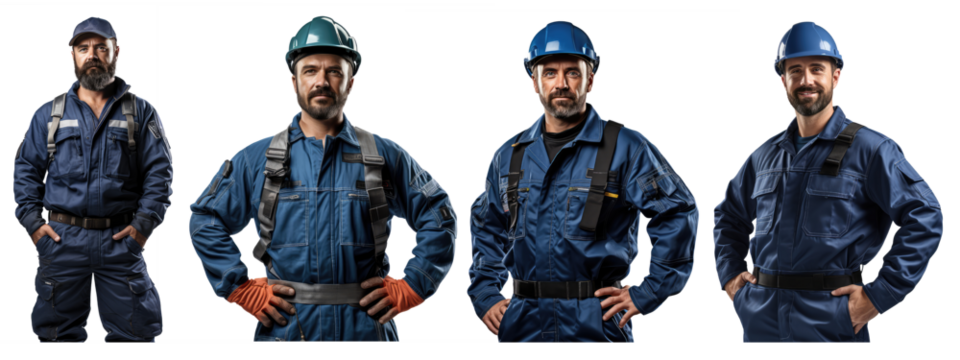 worker in a full blue worksuit. he is wearing a white safety helmet