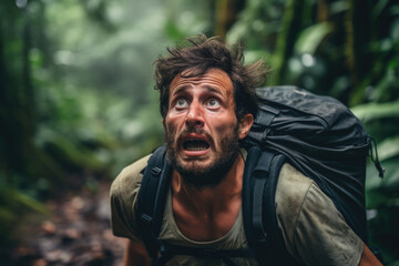 Portrait of scared man lost in rainforest - obrazy, fototapety, plakaty