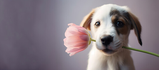 Puppy with a pink flower, copy space