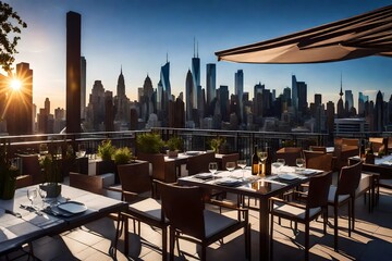 Dine on a Restaurant Terrace with Tables and Chairs, Gazing at the Urban Skylines