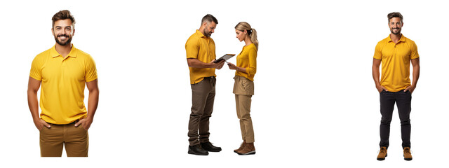 professional looking 32 year old Caucasian male landscaper wearing  yellow gold polo shirt - obrazy, fototapety, plakaty