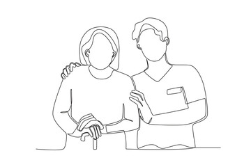 Single continuous line drawing healthcare a male nurse is visiting patient at home. Expectant lady have rest at home with glass. One line draw design graphic vector