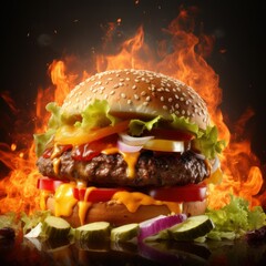 Hamburger on fire, explosive sandwich, Fiery burger,