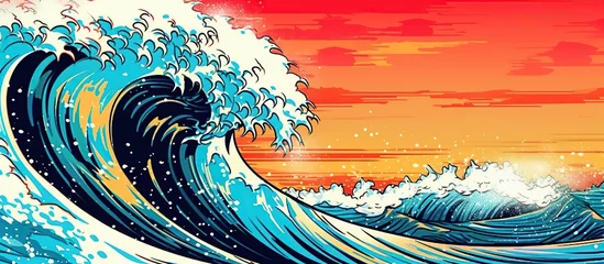 Verduisterende rolgordijnen zonder boren Fuji Illustration of big ocean wave or panorama of big tsunami, used for Japanese vintage style painting,