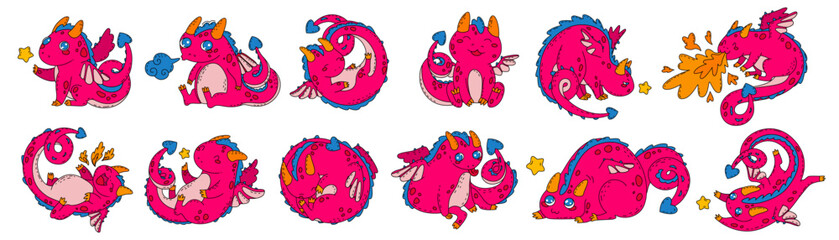 A set of stickers with the symbol of the Chinese Dragon. Children's illustration for decorating notebooks, sketchpad and the surrounding space. Cartoon style. Vector illustration.