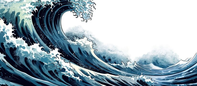 Illustration of big ocean wave or panorama of big tsunami, used for Japanese vintage style painting,