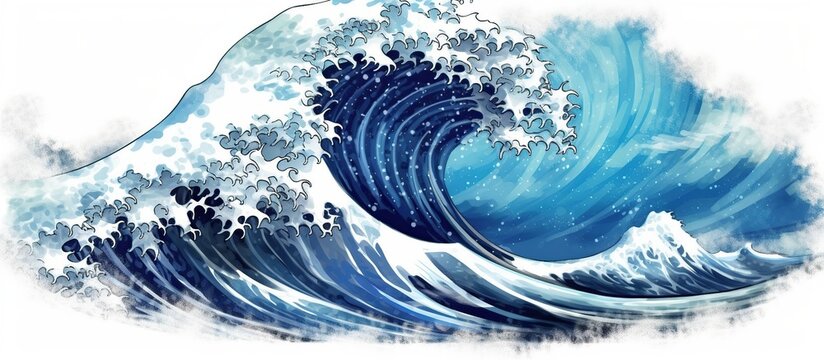 Illustration of big ocean wave or panorama of big tsunami, used for Japanese vintage style painting,