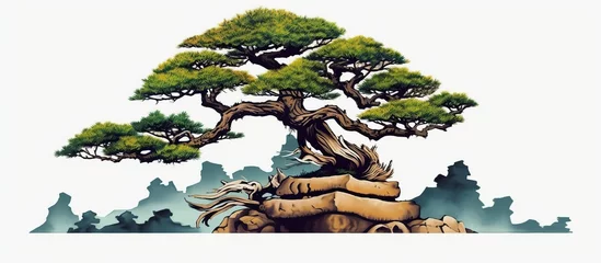 Schilderijen op glas Japanese bonsai trees grown in pots. Beautiful realistic trees. Bonsai style tree. Decorative vector illustration of a small tree. Nature art © siti