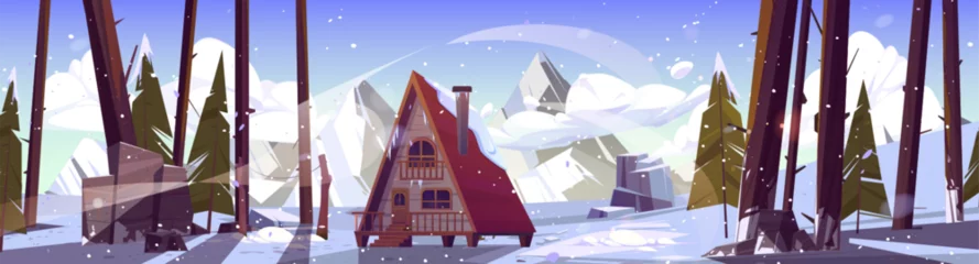 Gartenposter Cartoon winter snowy landscape with wooden cabin on tilts in forest near mountains. Vector natural seasonal scenery with cozy house or hotel covered with snow for camping and country vacation. © klyaksun