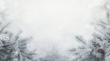 snowy white Christmas background with spruce frosty brunch