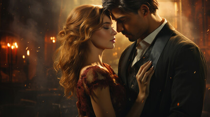 Love and passion between woman and man in the light on dark background. can be used as book cover for novel