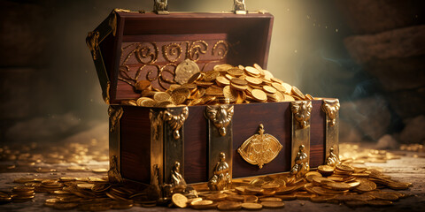 Treasure Chest Overflowing with Gold Coins,,
Open Chest Full of Gleaming Gold Coins Generative Ai