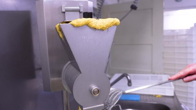 Cooking noodle in a boiling hot pot straight from a pasta maker in a kitchen