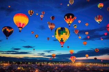 Naklejka premium Hot Air Balloon Fiesta: Colorful hot air balloons taking off into the night sky.