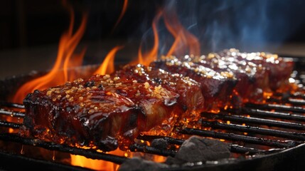 Delicious grilled barbecue pork ribs with golden crust