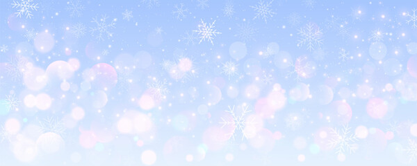Christmas snowy background. Cold blue winter sky. Vector ice blizzard on gradient texture with bokeh and flakes. Festive new year theme for season sale wallpaper.