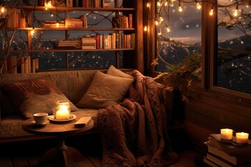 Bookworm's New Year: A cozy reading nook with books and warm beverages.