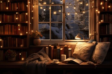 Bookworm's New Year: A cozy reading nook with books and warm beverages.