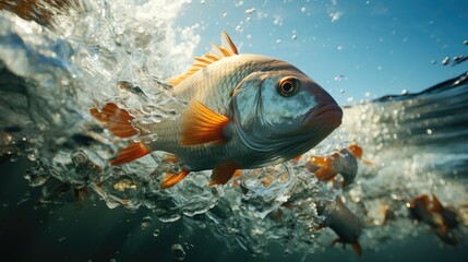 Sea fish jumped out of the water and flies on the surface - obrazy, fototapety, plakaty