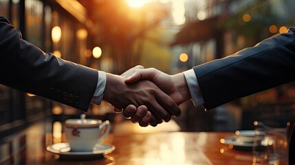 Businessmen shaking hands as a sign of agreement, concept of agreement and deal conclusion cooperation