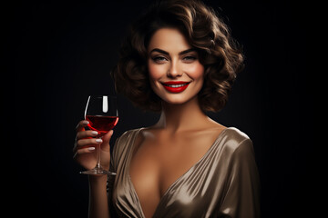 portrait of a happy elegant woman with red lipstick holding a glass of vine