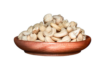 Cashew nuts in a wooden bowl isolated on a transparent background with a clipping path