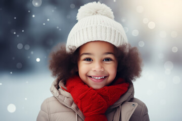 portrait of a little afro american girl in a winter hat in the park