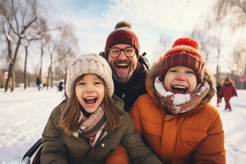 happy family having fun in a winter park on a sunny frosty day