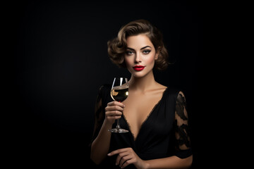 portrait of a happy elegant woman with red lipstick holding a glass of vine