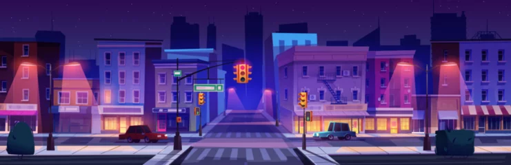 Rolgordijnen Night city street intersection. Vector cartoon illustration of cars on illuminated town road, modern office and apartment building facades with cafe and shops, traffic signs and lights, starry sky © klyaksun